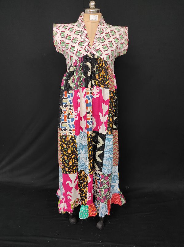 S-M Amani Patch Work Printed Cotton Dress 57" Short Sleeves Jalabiya JP