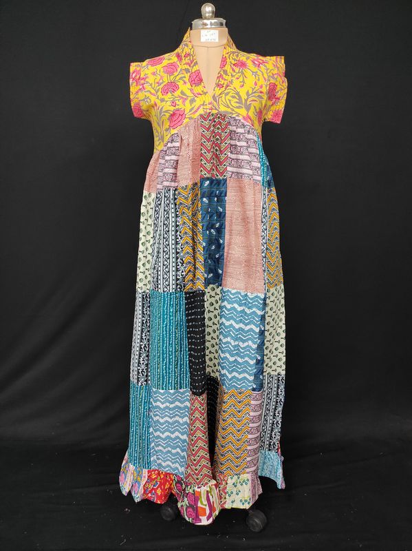 S-M Amani Patch Work Printed Cotton Dress 57" Short Sleeves Jalabiya JP