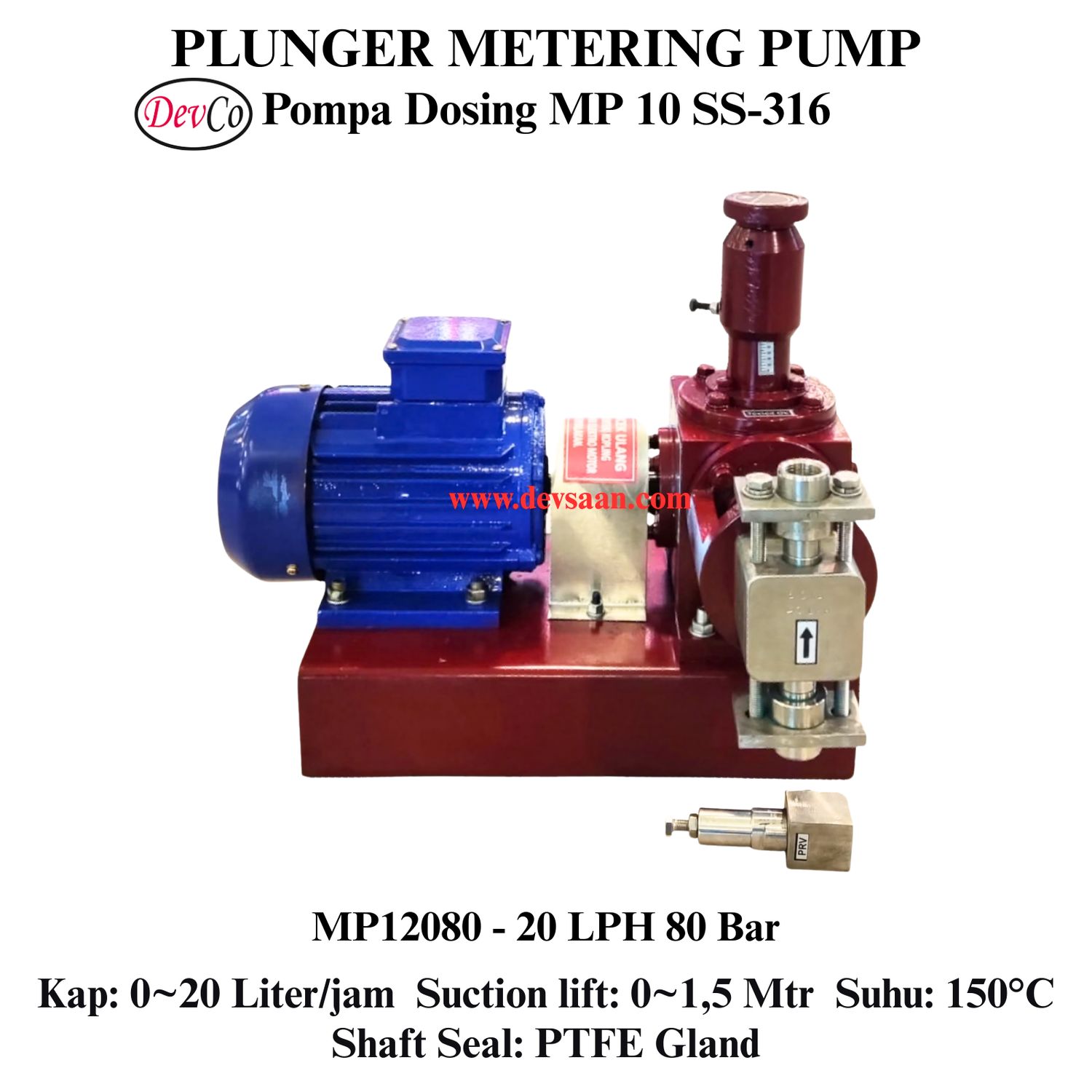 Pompa Dosing MP12080 SS-316 Plunger Metering Pump 20 LPH 80 Bar (Complete Set) 4pole
