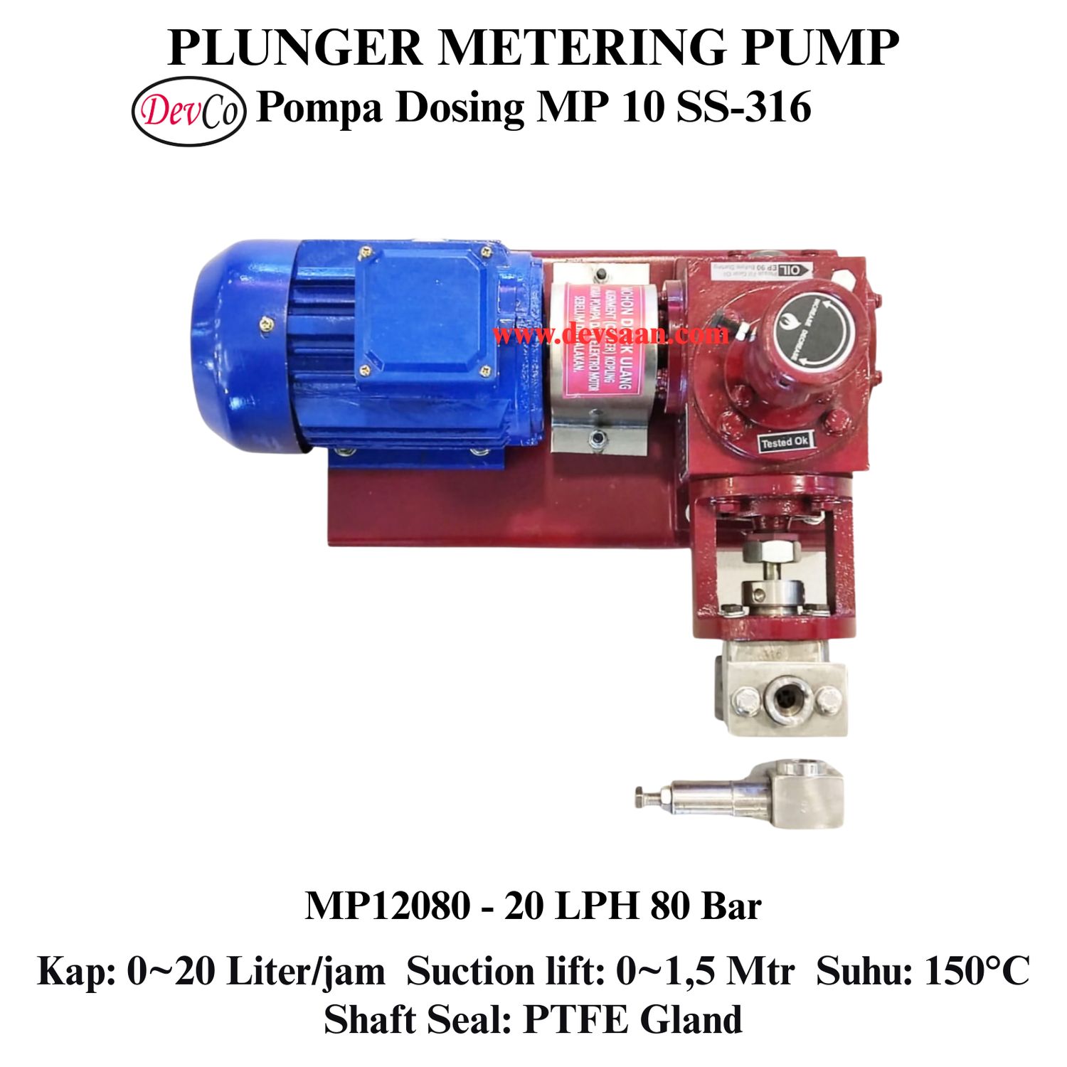 Pompa Dosing MP12080 SS-316 Plunger Metering Pump 20 LPH 80 Bar (Complete Set) 4pole