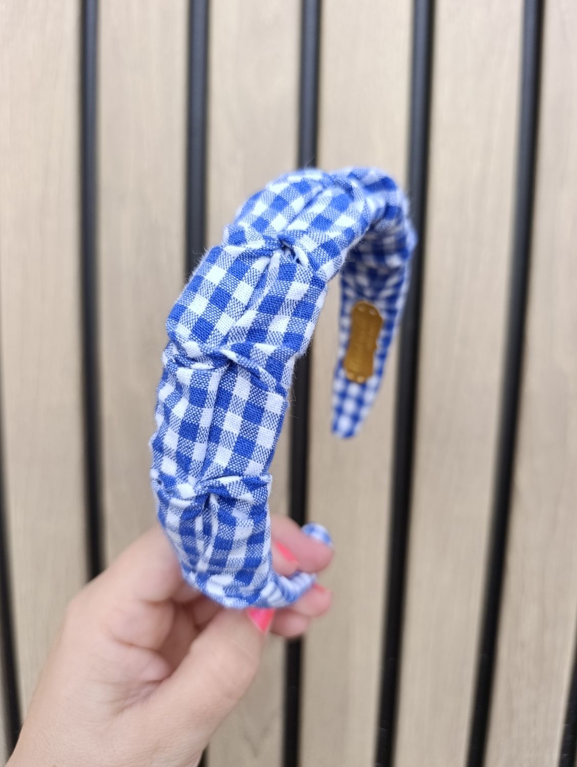 Opaska marszczona wąska niebieska krata średnia