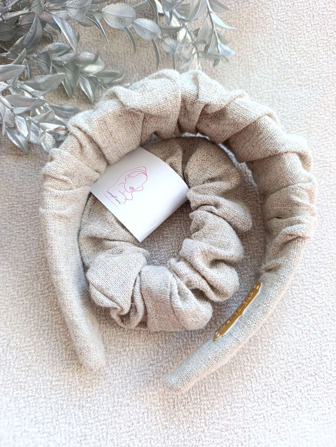 zestaw opaska i gumka beż len dłuższa opaska