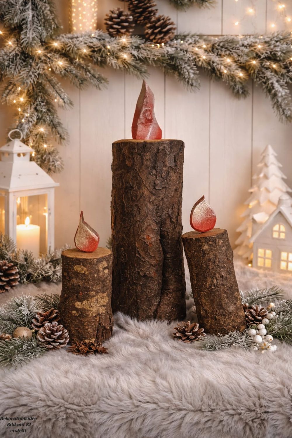 Rustikale Holzkerzen im 3er-Set – Winterliche Deko aus echtem Holz | Hygge &amp; Weihnachtsdeko