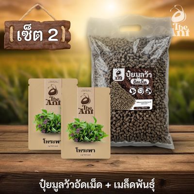 ชุดเซตปลูกผัก เมล็ดพันธุ์โหระพา 2 ซอง คู่ปุ๋ยมูลวัวอัดเม็ด 1 กก. - พืชโตไว ปลอดภัย ไร้กลิ่น