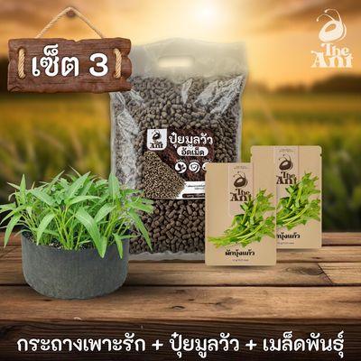 ชุดพร้อมปลูกผักบุ้งแก้วครบวงจร - กระถางผ้าแบนระบายอากาศ + ปุ๋ยมูลวัวอัดเม็ด 1 กก. + เมล็ดพันธุ์ 2 ซอง