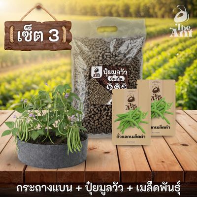 ชุดพร้อมปลูกถั่วแขกเมล็ดดำครบวงจร - กระถางผ้าแบนระบายอากาศ + ปุ๋ยมูลวัวอัดเม็ด 1 กก. + เมล็ดพันธุ์ 2 ซอง