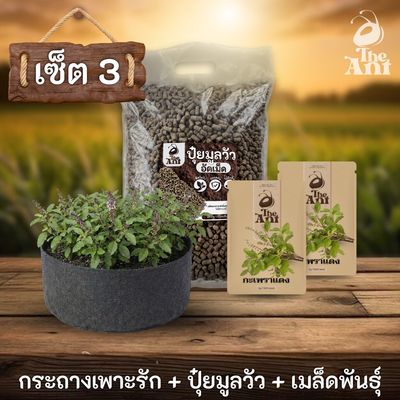 ชุดพร้อมปลูกกะเพราแดงครบวงจร - กระถางผ้าแบนระบายอากาศ + ปุ๋ยมูลวัวอัดเม็ด 1 กก. + เมล็ดพันธุ์ 2 ซอง