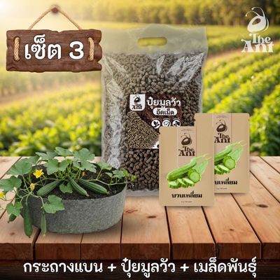 ชุดพร้อมปลูกบวบเหลี่ยมครบวงจร - กระถางผ้าแบนระบายอากาศ + ปุ๋ยมูลวัวอัดเม็ด 1 กก. + เมล็ดพันธุ์ 2 ซอง