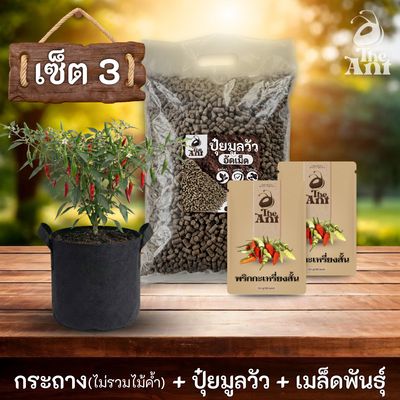 ชุดพร้อมปลูกพริกกระเหรี่ยงสั้นครบวงจร - กระถางผ้าระบายอากาศ + ปุ๋ยมูลวัวอัดเม็ด 1 กก. + เมล็ดพันธุ์ 2 ซอง