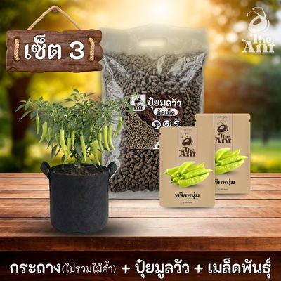 ชุดพร้อมปลูกพริกหนุ่มครบวงจร - กระถางผ้าระบายอากาศ + ปุ๋ยมูลวัวอัดเม็ด 1 กก. + เมล็ดพันธุ์ 2 ซอง