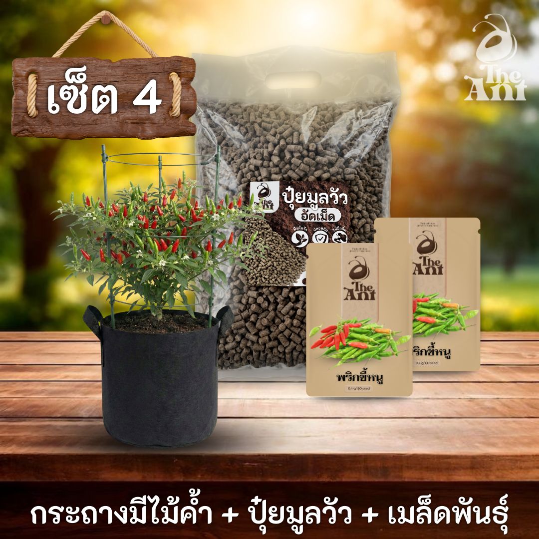 ชุดปลูกพริกขี้หนูพรีเมี่ยม  กระถางผ้าพร้อมไม้ค้ำสำเร็จรูป + ปุ๋ยมูลวัวอัดเม็ด 1 กก. + เมล็ดพันธุ์ 2 ซอง