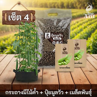 ชุดปลูกบวบเหลี่ยมพรีเมี่ยม  กระถางผ้าพร้อมไม้ค้ำสำเร็จรูป + ปุ๋ยมูลวัวอัดเม็ด 1 กก. + เมล็ดพันธุ์ 2 ซอง