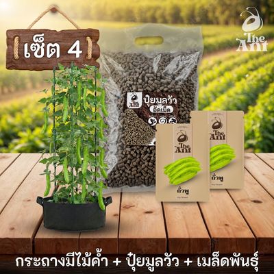 ชุดปลูกถั่วพูพรีเมี่ยม  กระถางผ้าพร้อมไม้ค้ำสำเร็จรูป + ปุ๋ยมูลวัวอัดเม็ด 1 กก. + เมล็ดพันธุ์ 2 ซอง