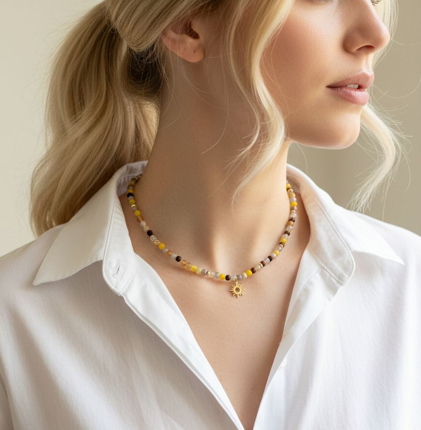 Naszyjnik agat szary i bursztynowy