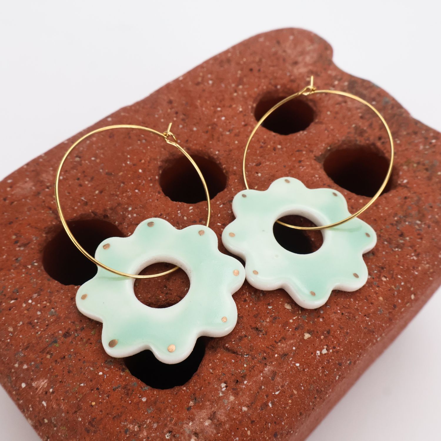 Iva Haas Gold Hoops &amp; Celadon Luster Flowers