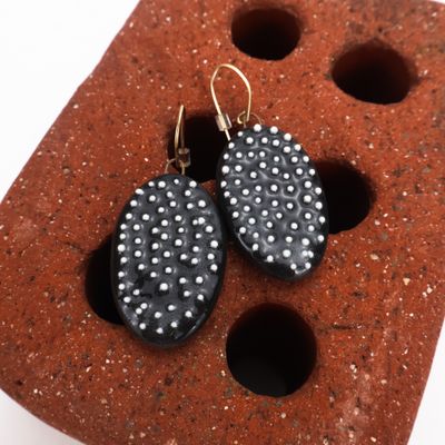 Iva Haas Large Black Oval Polka Dot Dangles