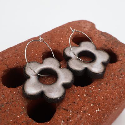 Iva Haas Silver Hoops &amp; Black Glazed Flowers