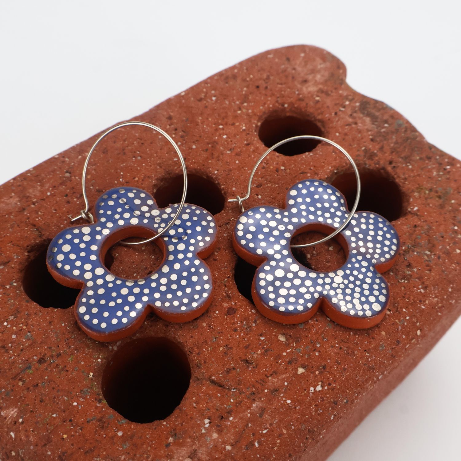 Iva Haas Silver Hoops &amp; Blue Earthenware Flowers