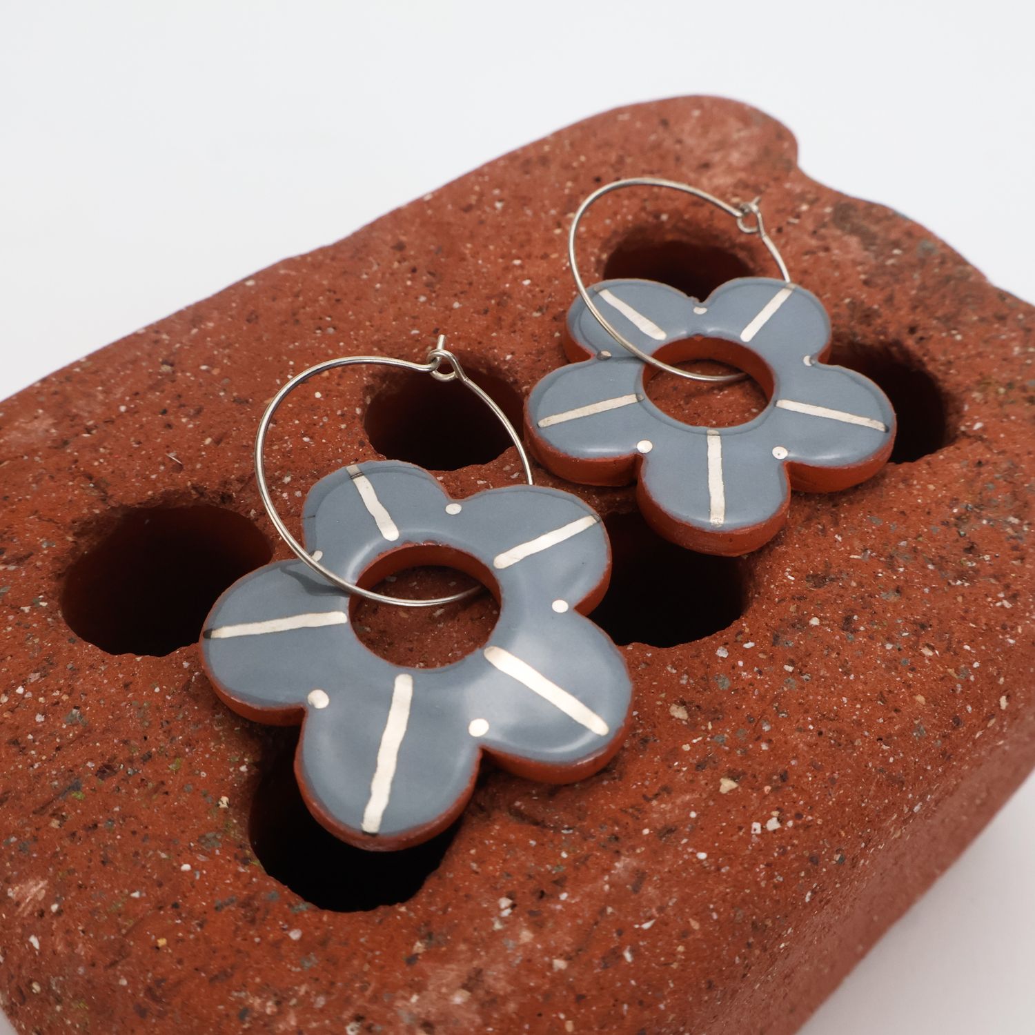 Iva Haas Silver Hoops &amp; Silver Luster Earthenware Flowers