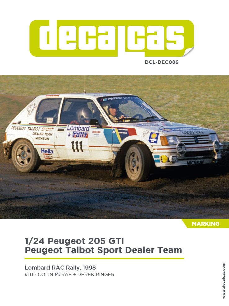 DECAL 1/24 DECALS PEUGEOT 205GTI RAC RALLY 1988 - DECALCAS - DCL-DEC086