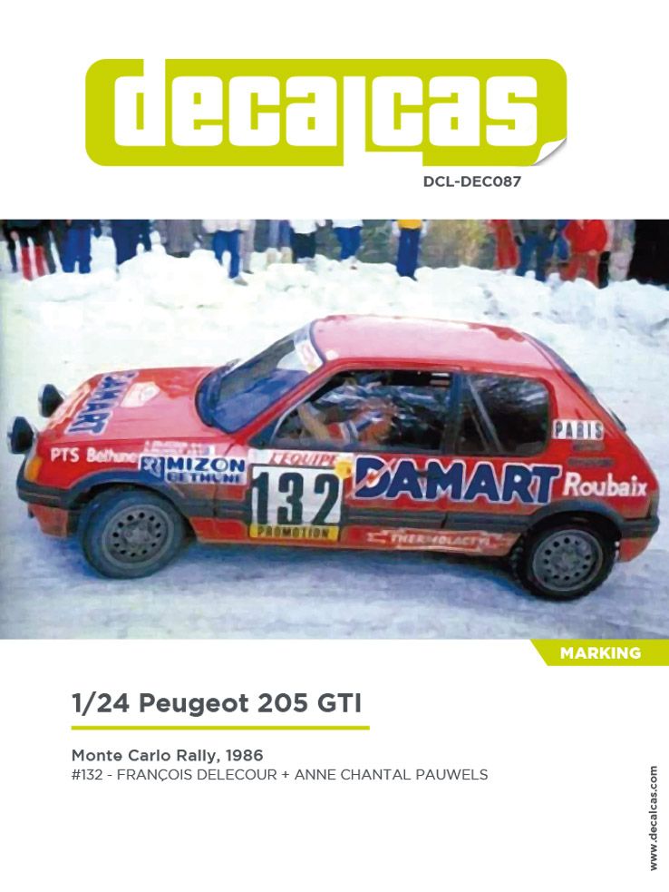DECAL 1/24 DECALS PEUGEOT 205GTI DAMART - MONTE CARLO 1986 - DECALCAS - DCL-DEC087