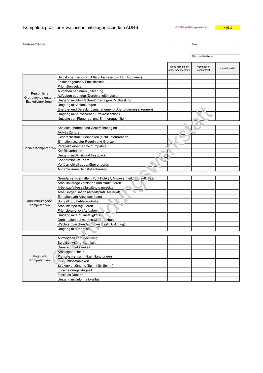 Kompetenzerfassung für Erwachsene mit diagnostiziertem ADHS - Standard-Lizenz (Einzelnutzung)