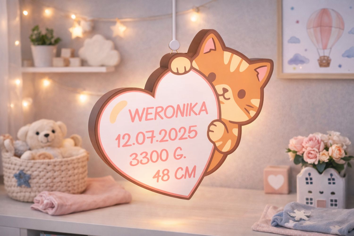 Personalizowana Metryczka 3D LED „Kotek z Sercem”