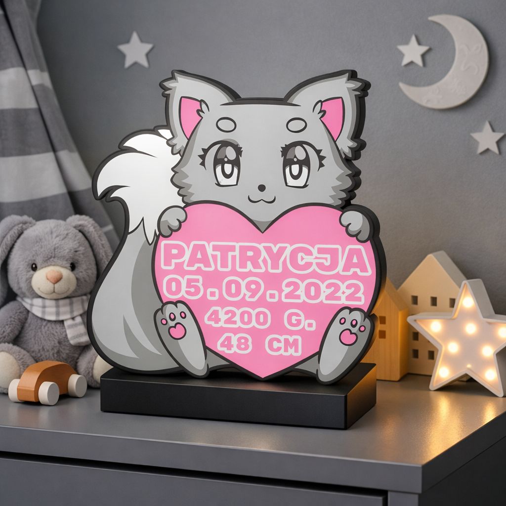 Personalizowana Metryczka 3D LED „Lisek z Sercem”