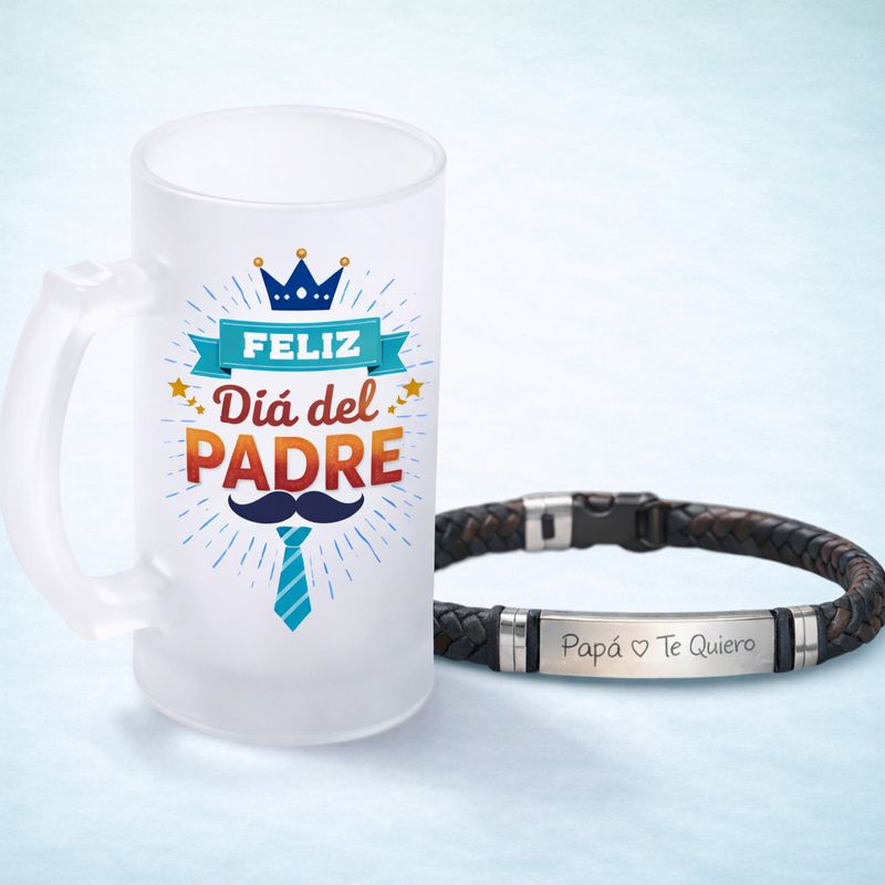 Pack Regalo Día del Padre Personalizado – Jarra de Cerveza Sublimable + Pulsera Grabada (Gieok)
