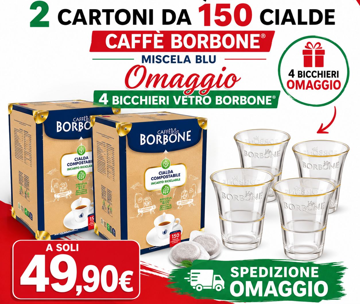 PROMO 300 Cialde Borbone® Blu + 4 Bicchieri Vetro Ufficiali Borbone SPEDIZIONE GRATUITA PROMO 300 Cialde Borbone® Blu + 4 Bicchieri Vetro Ufficiali Borbone SPEDIZIONE GRATUITA