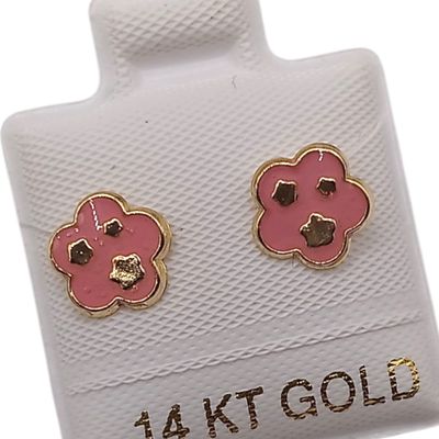 BROQUEL FLOR ROSA ESMALTADA, BROCHE BOLITA ORO 14K