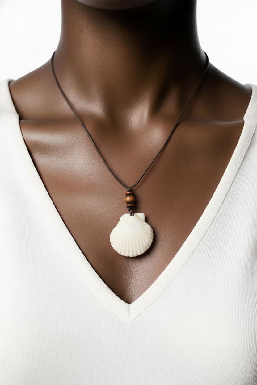 White Scallop and Wood Bead Pendant