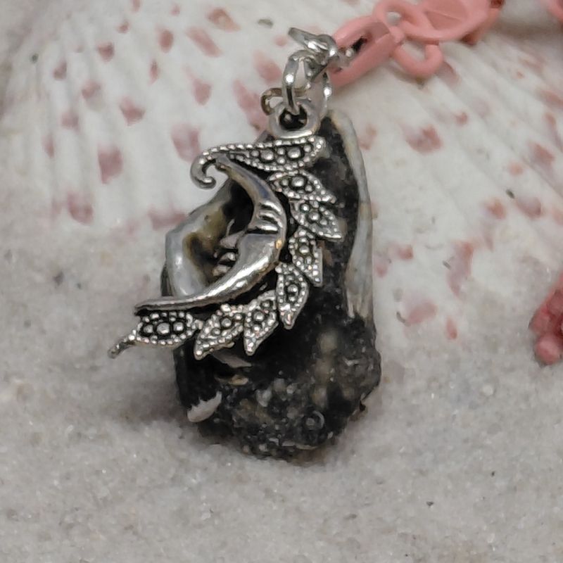 Grey and White Fossil with Moon Charm and Pink Tassel