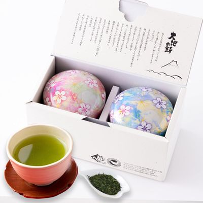 Premium deep-steamed Japanese green tea in floral glass cans — gift set