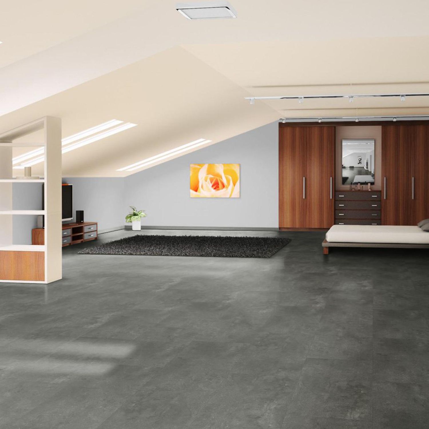 Klick-Vinyl in dunkler Betonoptik in einem Schlafzimmer im Dachgeschoss. Beton Dunkel