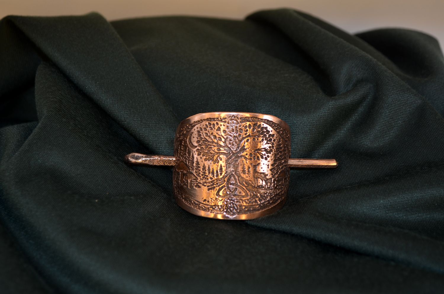 miedziana spinka do włosów handmade - grzybki, drzewo życia