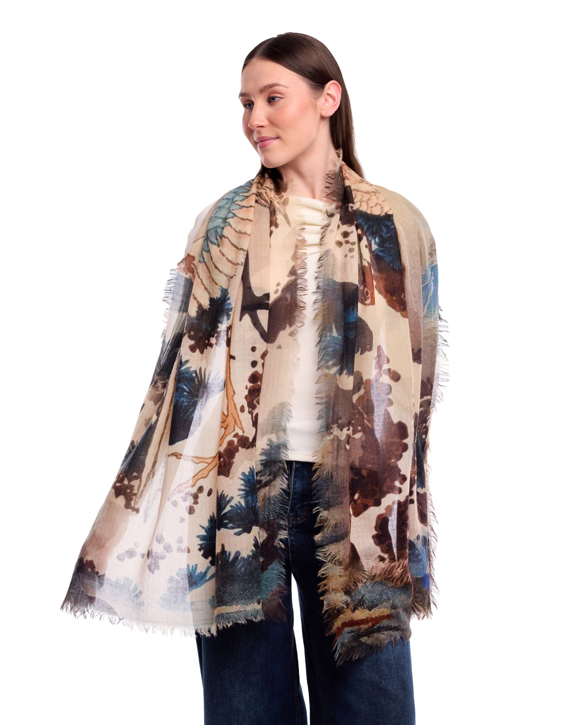 Sumi Abstract Landscape & Crane Print Merino Wool Scarf
