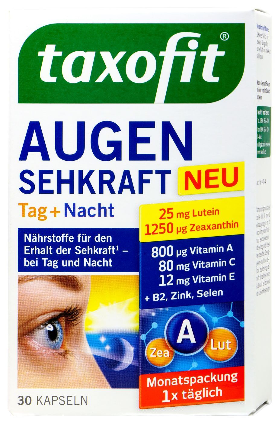 Taxofit 日夜超小膠囊葉黃素，30 粒Augen Sehkraft Tag &amp; Nacht ext. kleine Kps 17 mg Lutein, 30 er