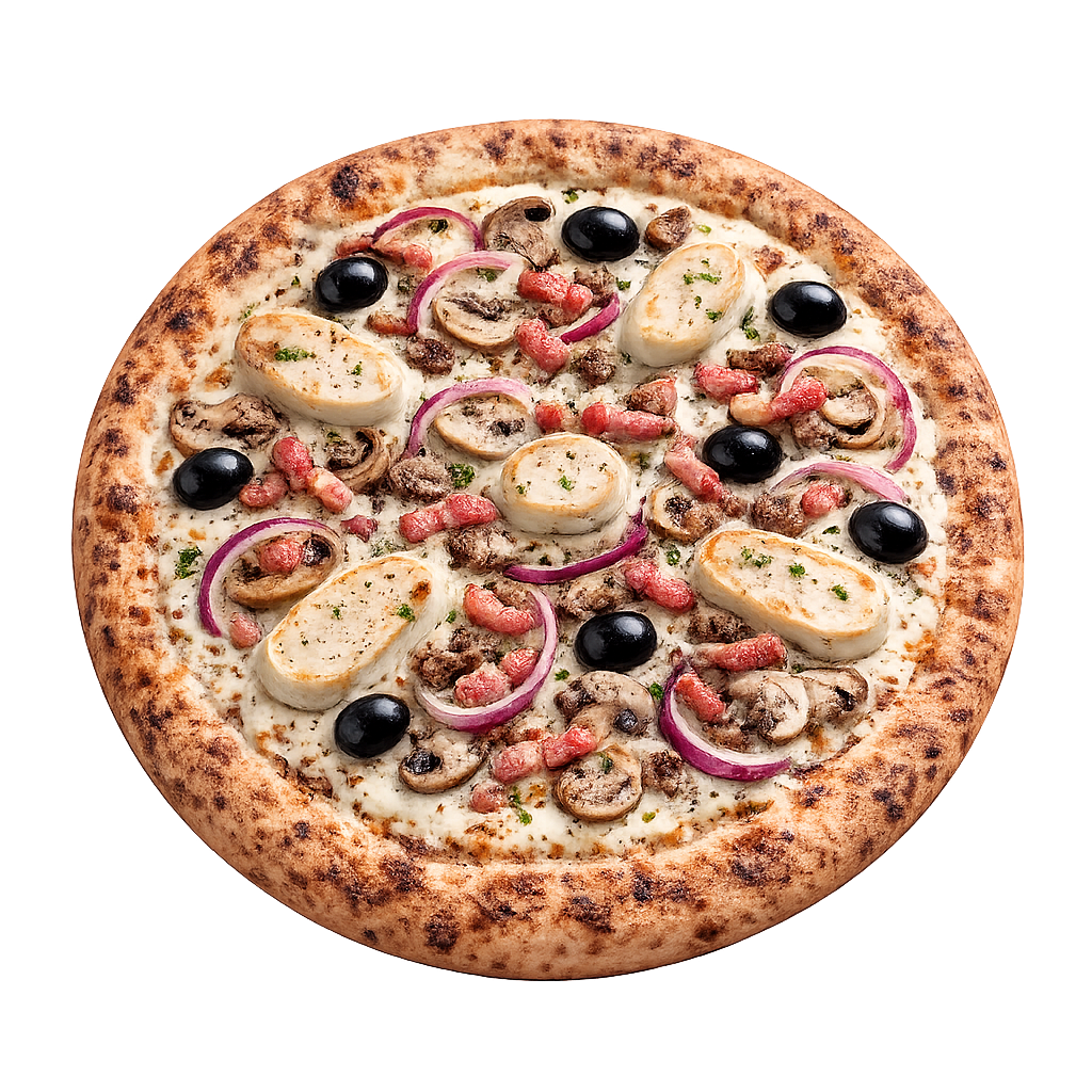 La Rethéloise - Crème fraîche, olives, Boudin blanc, champignons, oignon rouge, lardons La Rethéloise - Crème fraîche, olives, Boudin blanc, champignons, oignon rouge, lardons