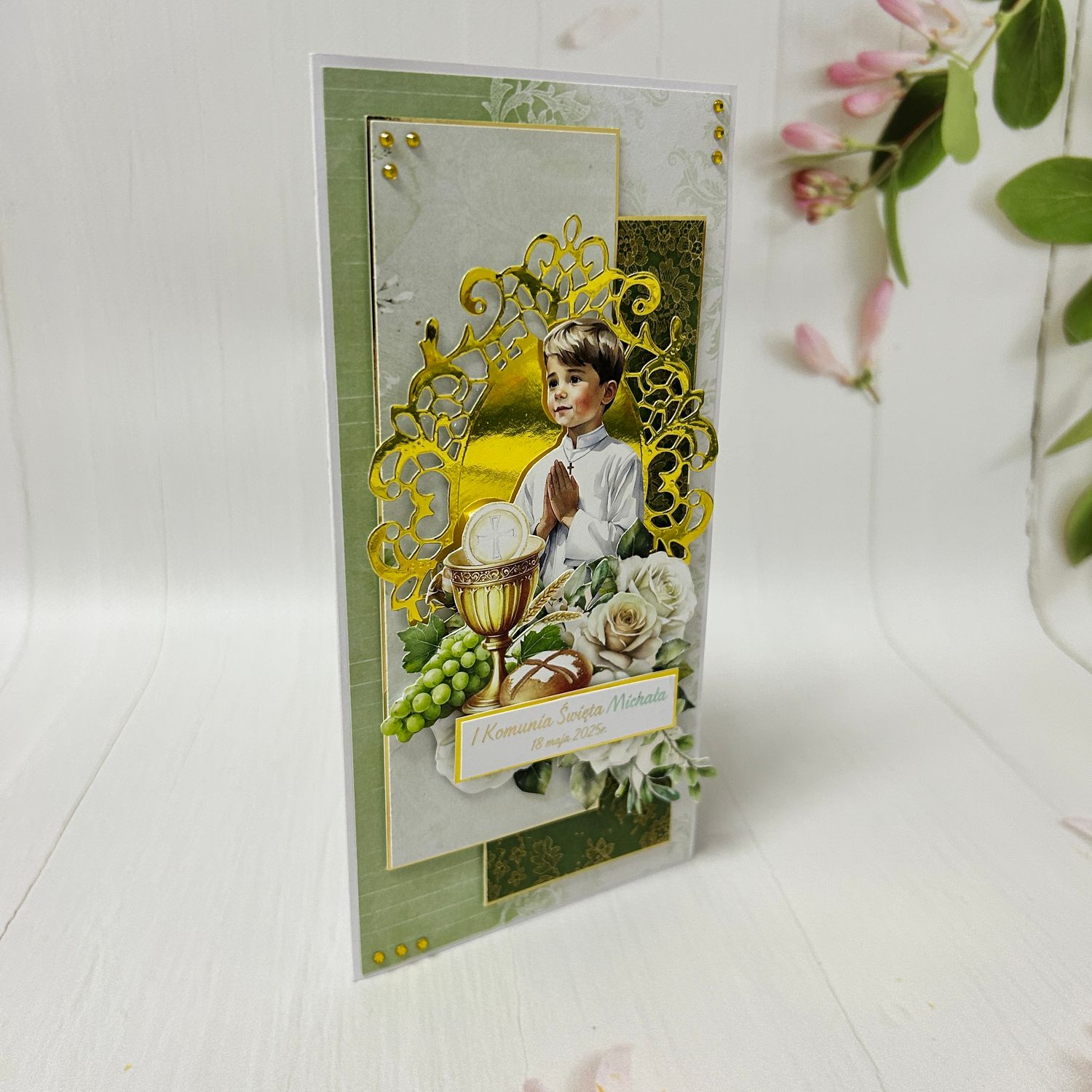 Personalizowana Kartka Komunijna DL w Kopercie – Pamiątka Pierwszej Komunii Świętej