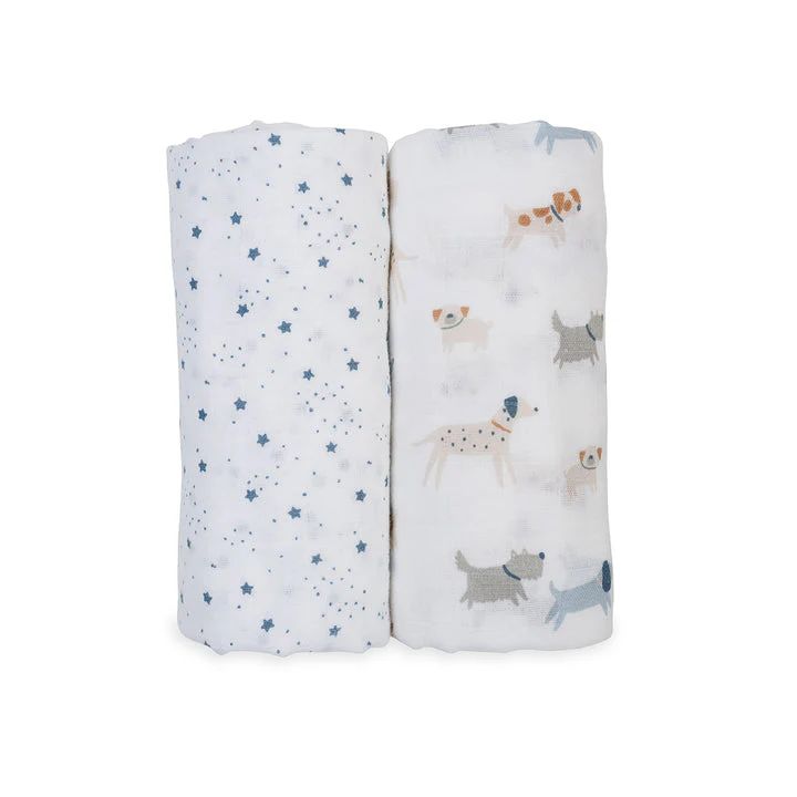Lulujo Cotton Swaddle Blankets 40x40" 2pk Puppy Dog &amp; Stars