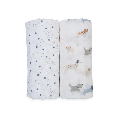 Lulujo Cotton Swaddle Blankets 40x40" 2pk Puppy Dog &amp; Stars