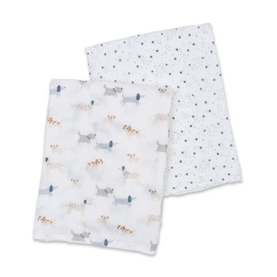 Lulujo Cotton Swaddle Blankets 40x40" 2pk Puppy Dog &amp; Stars