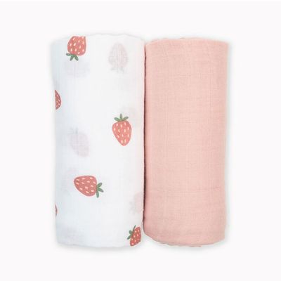 Lulujo Cotton Swaddle Blankets 40x40" 2pk Strawberry &amp; Ballet Slipper