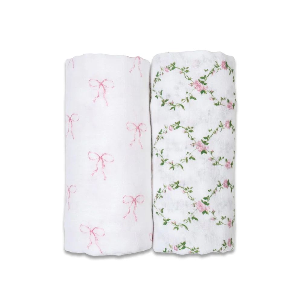 Lulujo Cotton Swaddle Blankets 40x40" 2pk Bows &amp; Rose Trellis