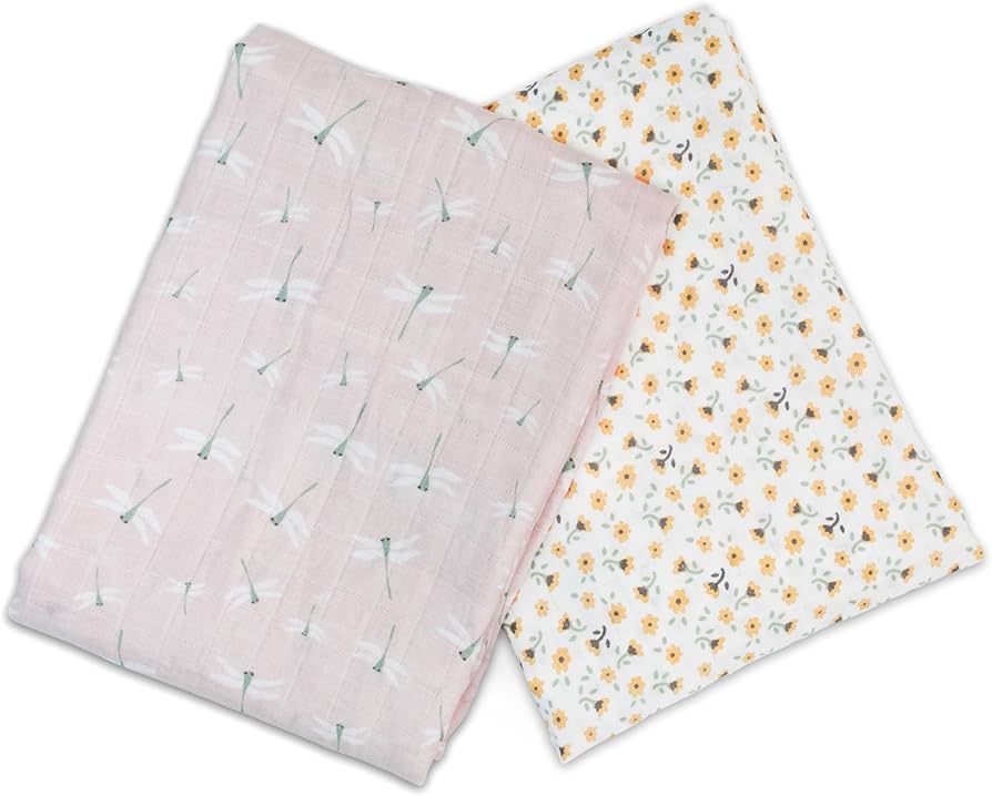 Lulujo Cotton Swaddle Blankets 40x40" 2pk Vintage Floral &amp; Dragonfly
