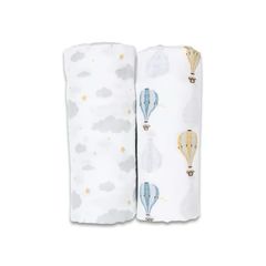 Lulujo Cotton Swaddle Blankets 40x40" 2pk Hot Air Balloons &amp; Clouds