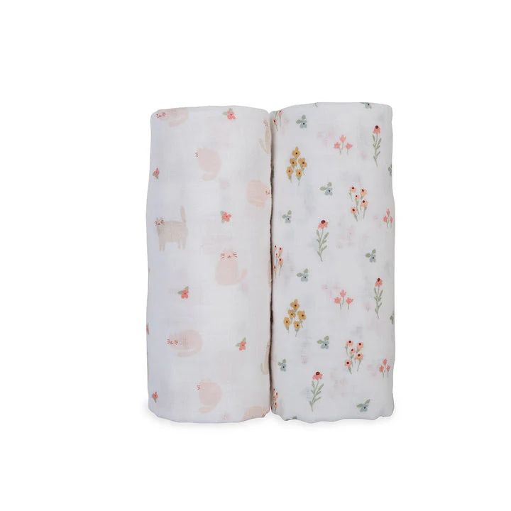 Lulujo Cotton Swaddle Blankets 40x40" 2pk Kitty Cat &amp; Flower Field