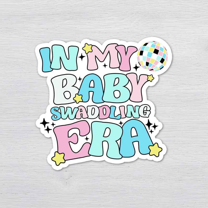 In My Baby Swaddling Era Sticker | Labor and Delivery Sticker | Retro Baby Era Decal | Cute Nursing Vinyl Sticker Pastel retro “In My Baby Swaddling Era” waterproof vinyl sticker with disco ball and star accents.