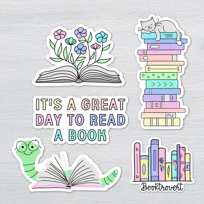 Book Lover Sticker 5 Pack | Reading Stickers | Booktrovert Vinyl Decals | Cute Reader Stickers Cute pastel book lover waterproof vinyl stickers featuring books, flowers, reading quotes, and booktrovert designs.